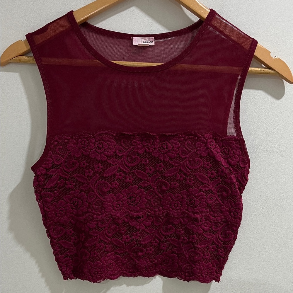 🌸3/$20 Garage Women’s Crop Top Small Sleeveless Lace Mesh Wine Romantic Boho